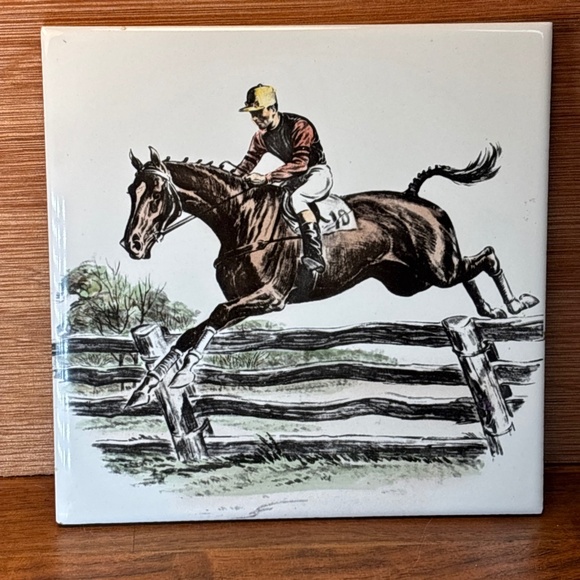 Vintage Equestrian Tile /Trivet 6"×6" Delano Studio Jumping Horse Farmcore - Picture 1 of 8